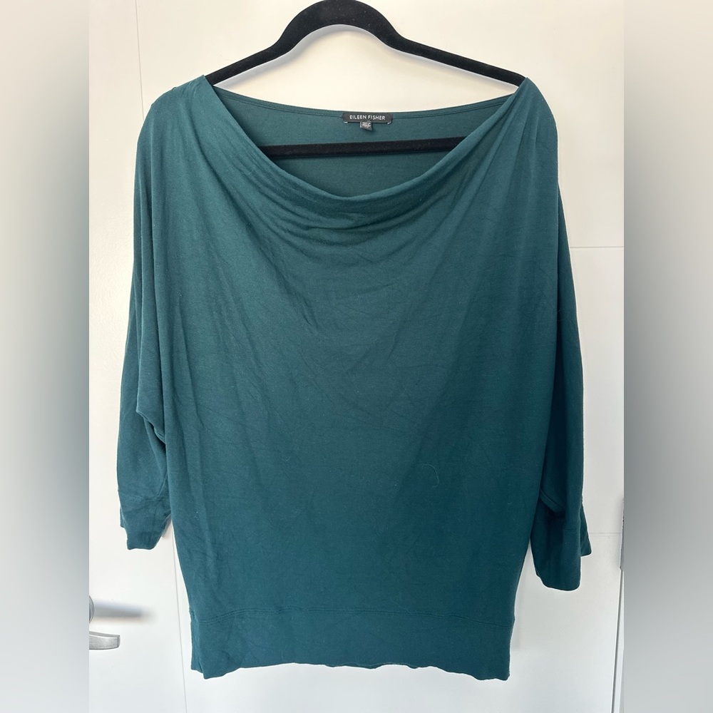 Eileen Fisher Rayon Draped Cowl Neck Top 3/4 Sleeve Dolman Shirt Jersey